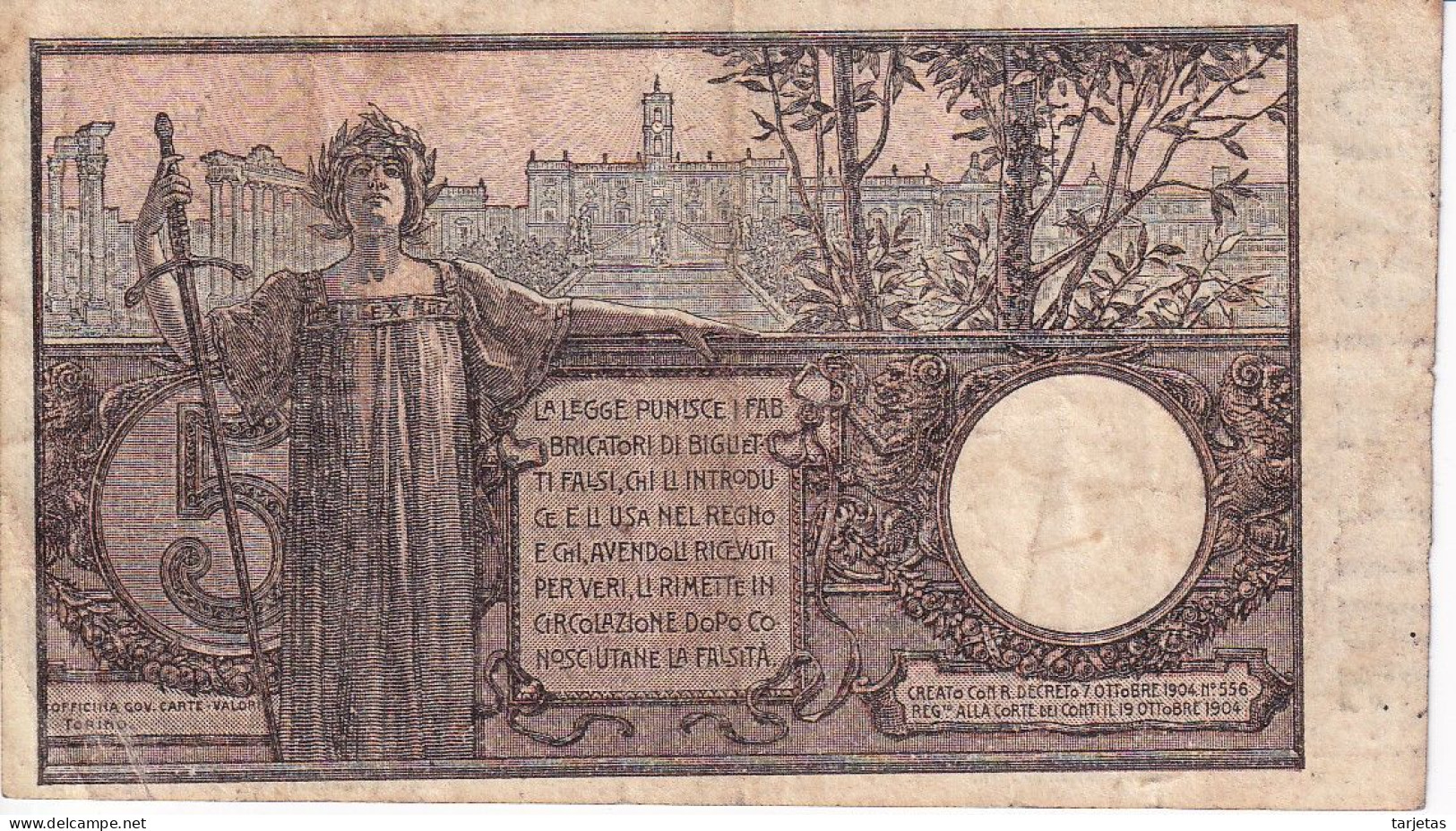 BILLETE DE ITALIA DE 5 LIRAS DEL AÑO 1904 -VITORIO EMANUELE III  (BANKNOTE) FIRMAS RARAS - Italia – 5 Lire