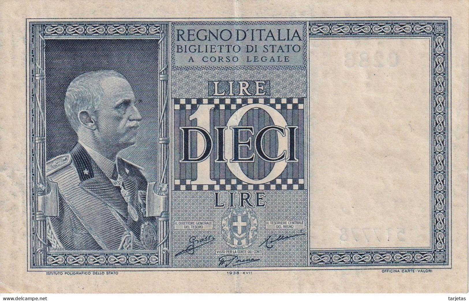 BILLETE DE ITALIA DE 10 LIRE  BIGLIETO DI STATO DEL AÑO 1938  (BANKNOTE) - Italia – 10 Lire