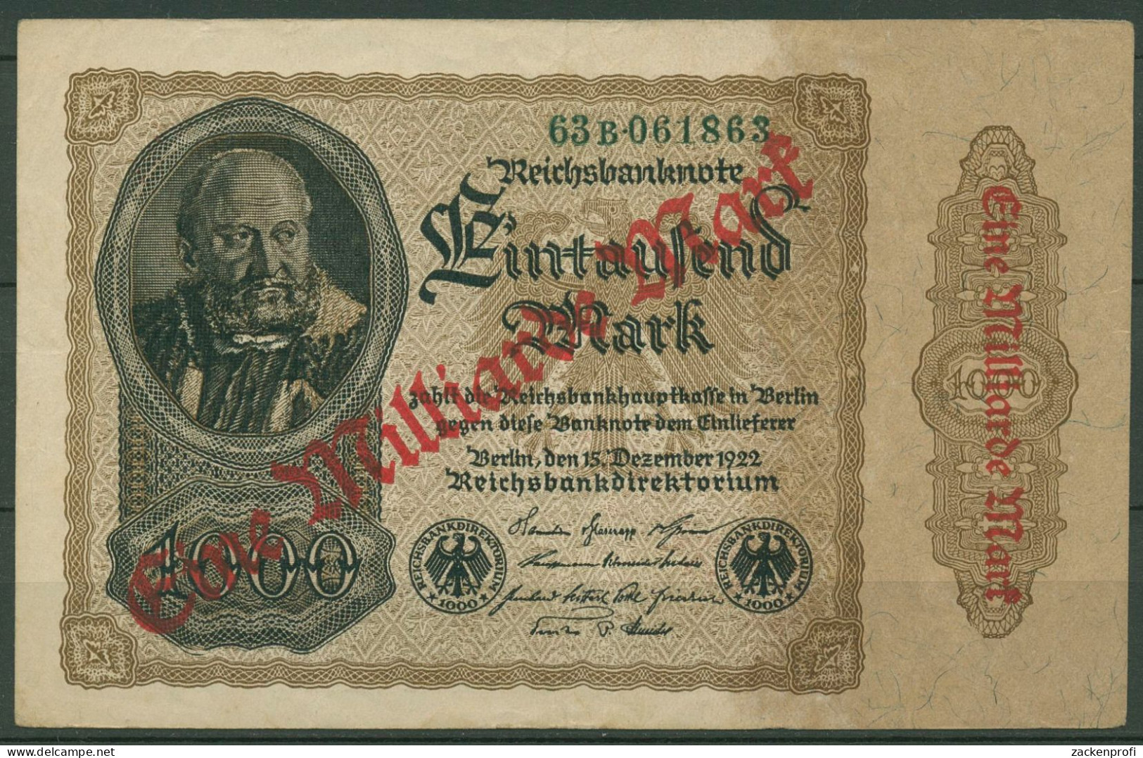 Dt. Reich 1 Milliarde Mark 1923, DEU-126b FZ B, Leicht Gebraucht (K1151) - 1 Miljard Mark