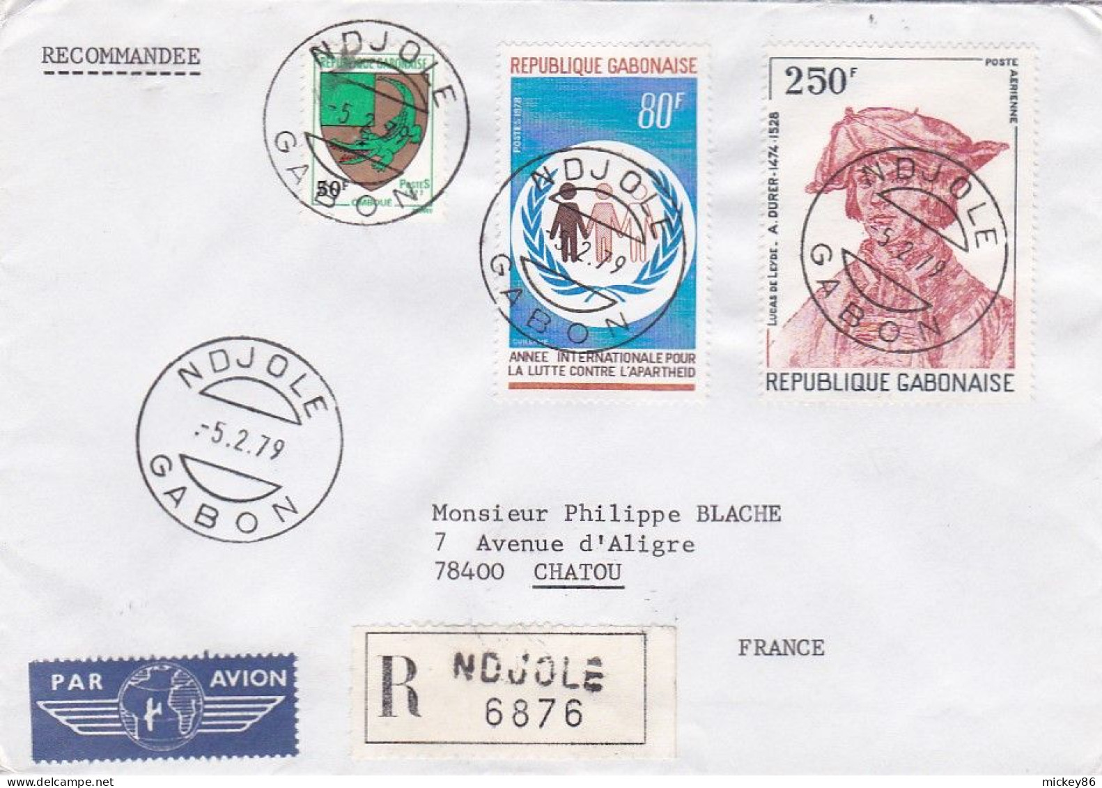 GABON---1979--Lettre Recommandée De NDJOLE  Pour CHATOU -78 (France)--timbres ( Lutte Apartheid, A.Durer,blason  ) - Gabun (1960-...)