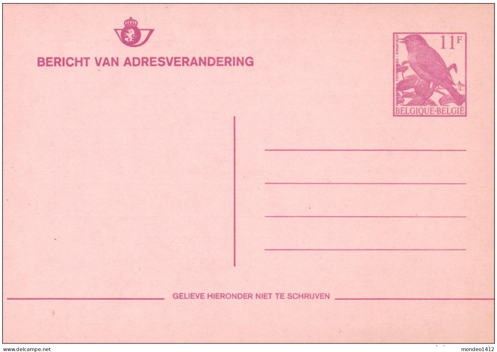 1992 - Briefkaart / Carte Postale - N - Adresverandering - Buzin Zwartkop - Ongebruikt - Avviso Cambiamento Indirizzo