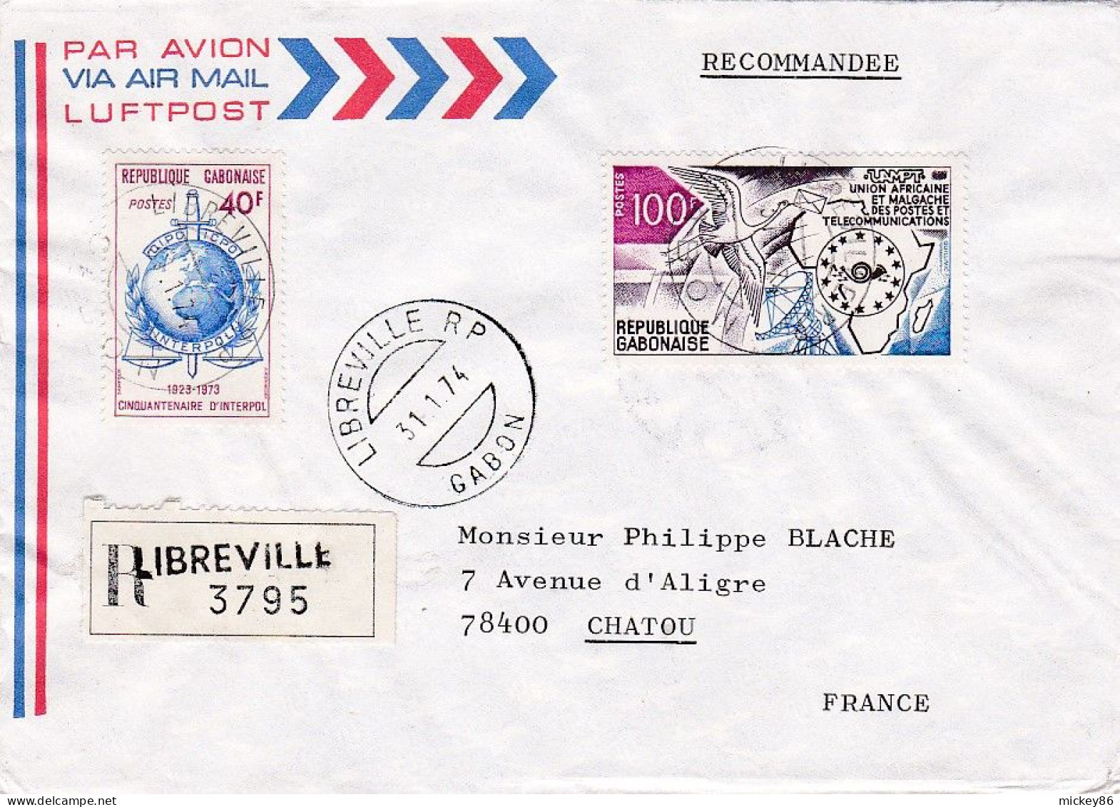 GABON---1974--Lettre Recommandée De LIBREVILLE  Pour CHATOU -78 (France)--timbres ( 50 Ans Interpol , Union Africaine ) - Gabón (1960-...)