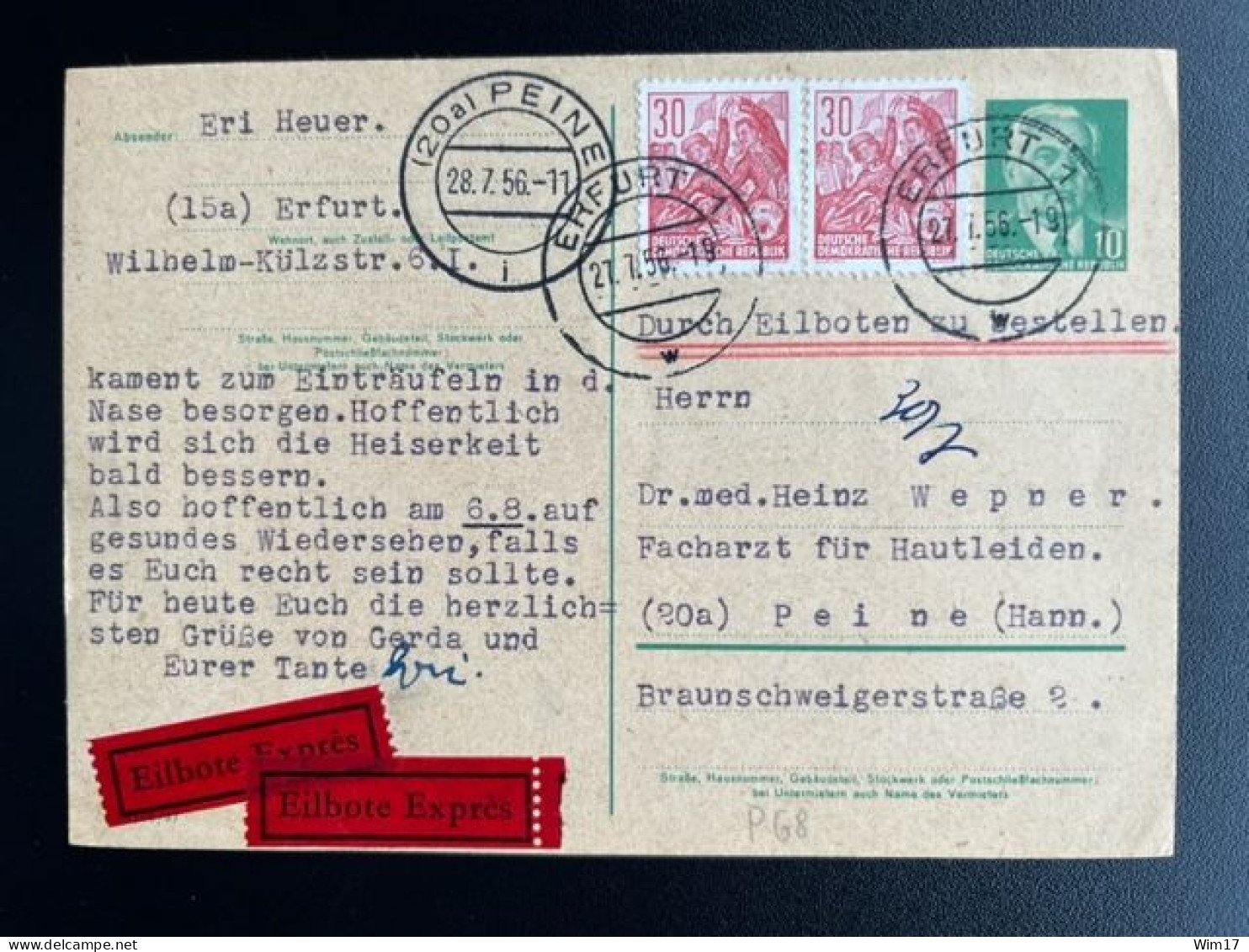 EAST GERMANY DDR 1956 EXPRESS POSTCARD ERFURT TO PEINE 27-07-1956 OOST DUITSLAND DEUTSCHLAND EXPRES EILBOTEN - Cartoline - Usati