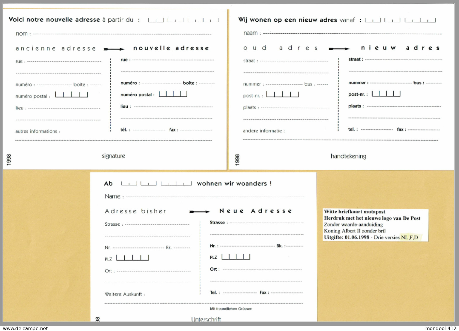 1998 - Briefkaarten - Mutapost Nieuw Postlogo - Adresverandering - Compleet N-F-D - Avis Changement Adresse