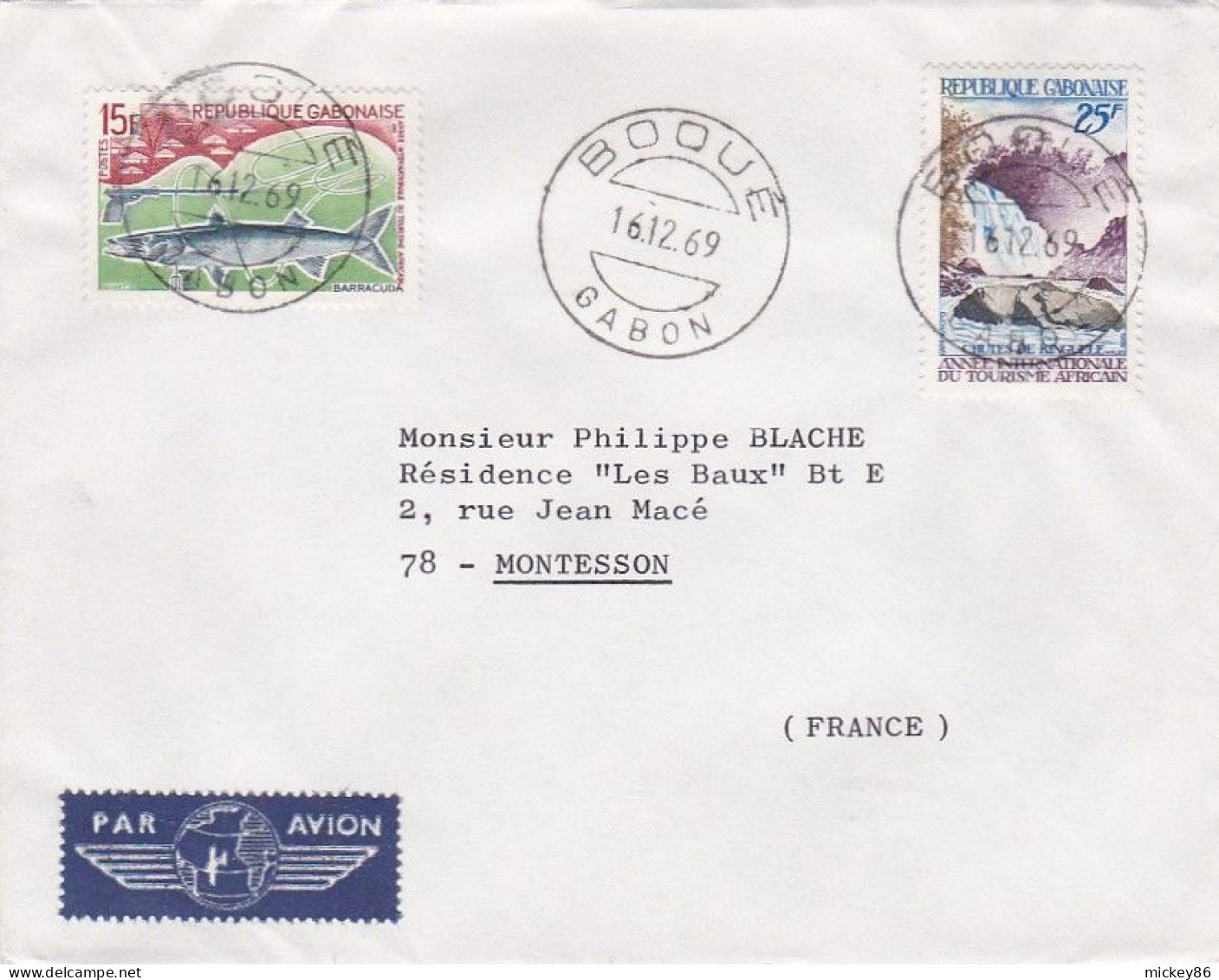GABON---1969--Lettre De  BOOUE  Pour MONTESSON  -78 (France)--timbres ( Barracuda , Chutes Kinguele ) - Gabun (1960-...)