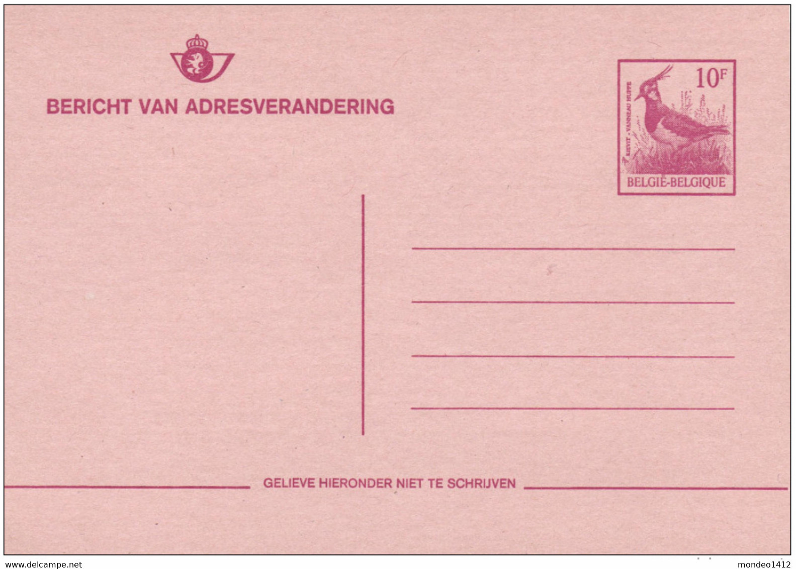 Briefkaart Carte Postale 1990 - N - Adresverandering - Buzin Kievit - Ongebruikt - Aviso Cambio De Direccion