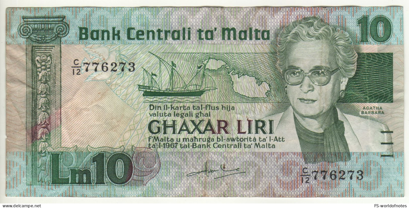 MALTA  10 Liri   P39   ( L. 1967 - 1986)    Agatha Barbara, +  Grand Harbour, Ship Repair On Back - Malte