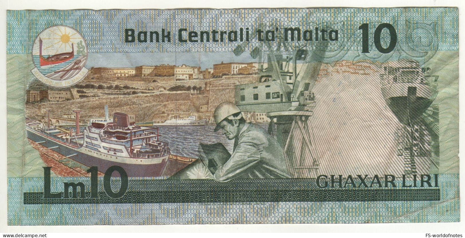 MALTA  10 Liri   P39   ( L. 1967 - 1986)    Agatha Barbara, +  Grand Harbour, Ship Repair On Back - Malte