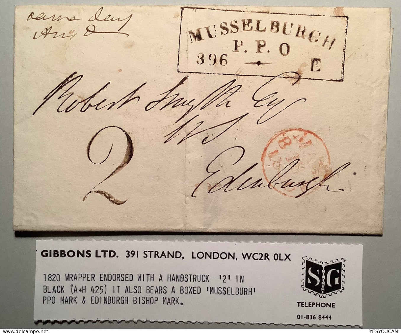 GB SCOTLAND SUPERB ! 1820 „MUSSELBURGH PPO“ BOXED+HANDSTRUCK 2 COVER>EDINBURGH (Prephilately - ...-1840 Vorläufer