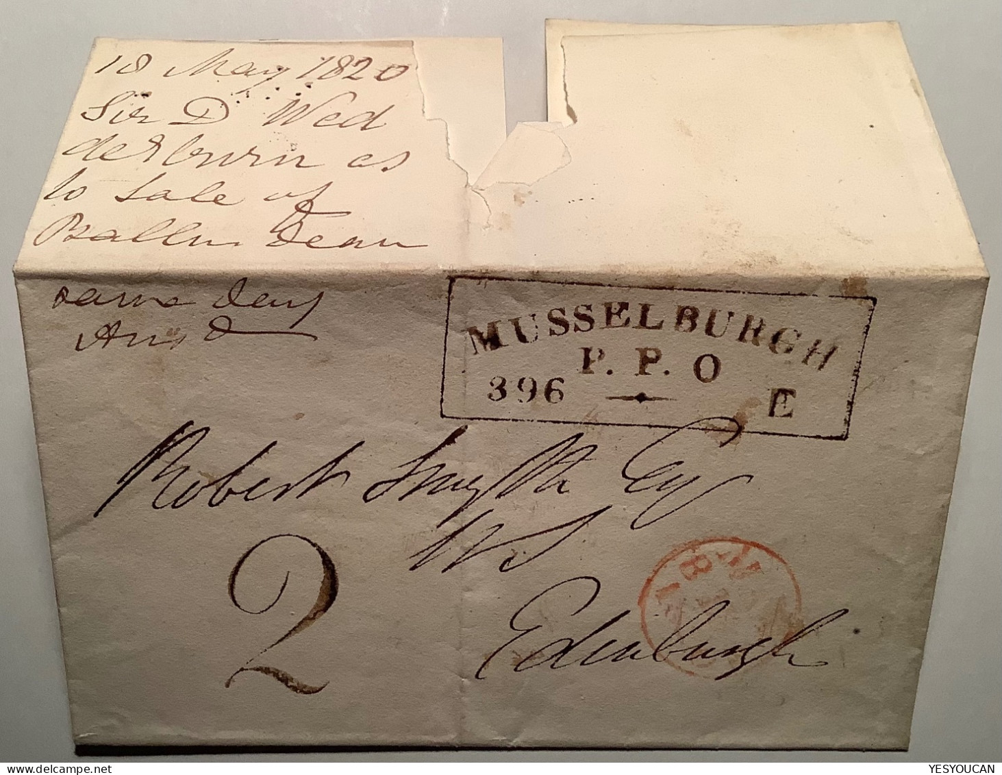 GB SCOTLAND SUPERB ! 1820 „MUSSELBURGH PPO“ BOXED+HANDSTRUCK 2 COVER>EDINBURGH (Prephilately - ...-1840 Precursores