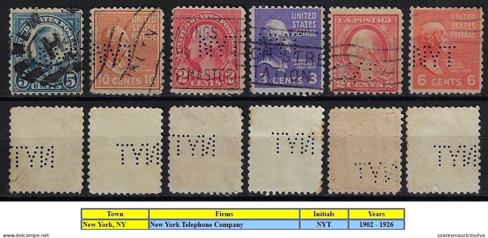 USA United States 1926/1958 6 Stamp With Perfin NYT By New York Telephone Company Lochung Perfore - Zähnungen (Perfins)