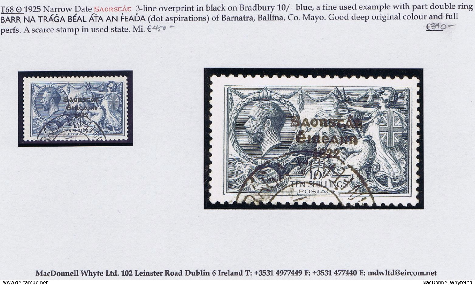 Ireland 1925 Narrow Date Saorstat Ovpt On Seahorse 10s Blue, Fresh Well-centred Used With Neat Cds - Used Stamps