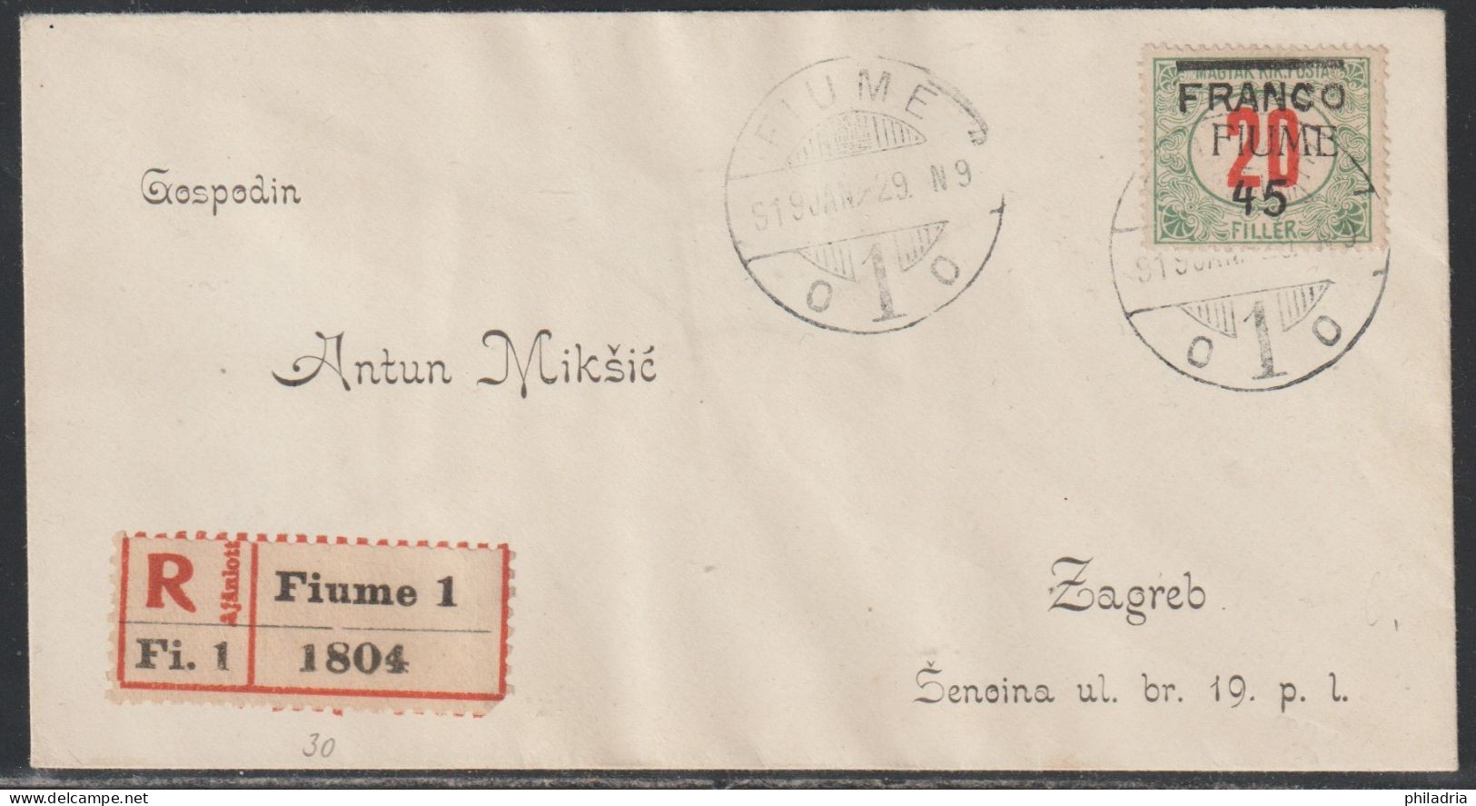 Fiume, 1919, Registered Cover To Zagreb - Fiume & Kupa