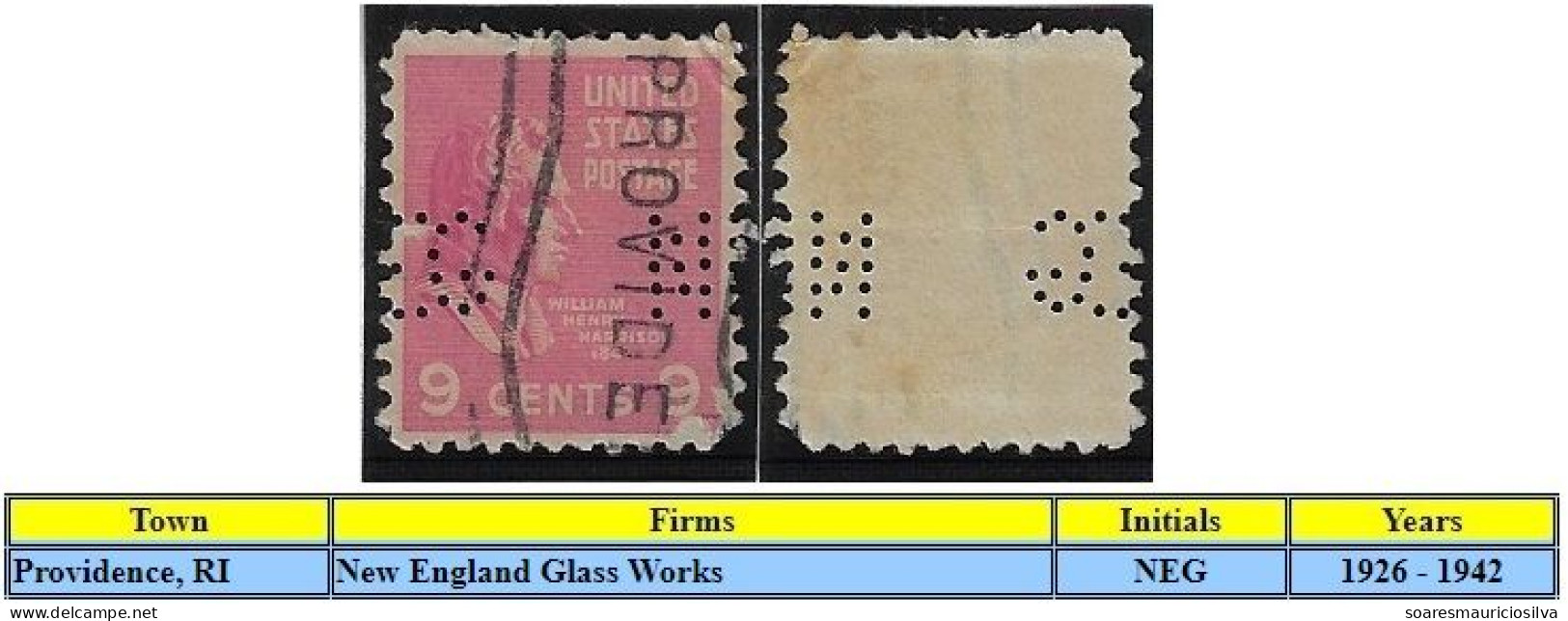 USA United States 1926/1942 Stamp With Perfin NEG By New England Glass Works From Providencen Lochung Perfore - Perforés