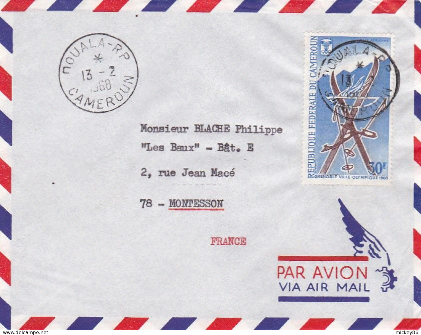 CAMEROUN --1968--Lettre De DOUALA  Pour MONTESSON  -78 (France)--timbre ( J.O D'hiver GRENOBLE )  Seul Sur Lettre - Camerun (1960-...)