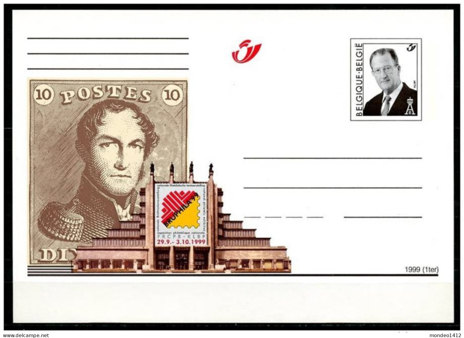 1999 - Briefkaart / Carte Entier Postal - Exposition "Bruphila" Reproduction 1er Timbre Belge à Gauche -  ** Ongebruikt - Briefkaarten 1951-..