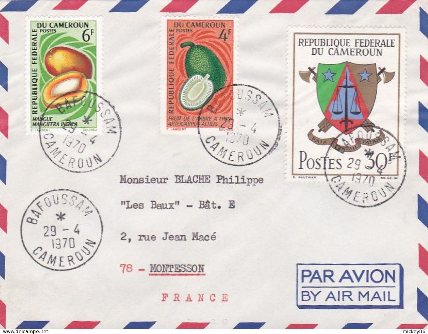 CAMEROUN --1968--Lettre De BAFOUSSAM  Pour MONTESSON  -78 (France)--timbres (fruits , Blason)  Sur Lettre - Cameroon (1960-...)
