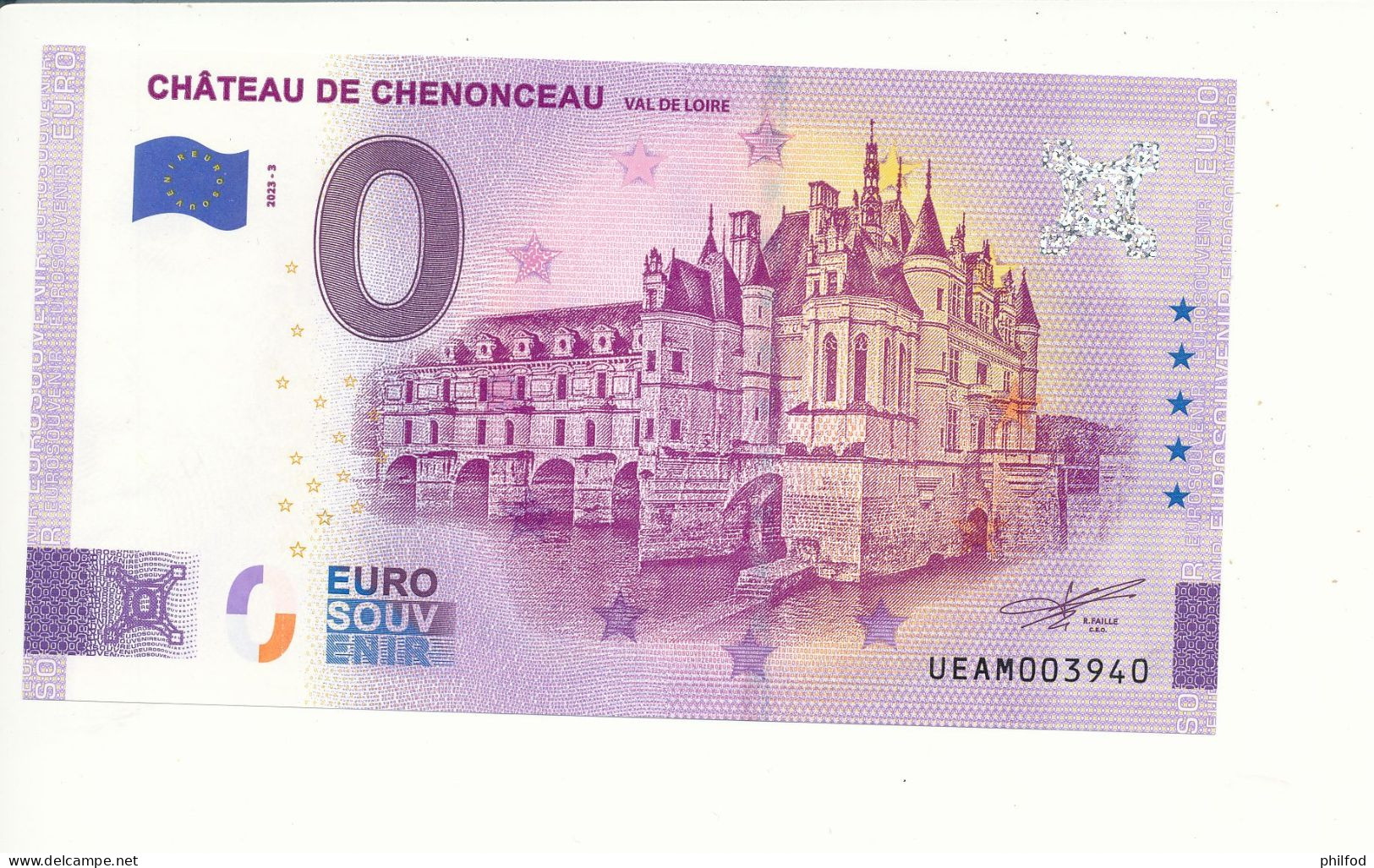 Billet Touristique  0 Euro  - CHÂTEAU DE CHENONCEAU VAL DE LOIRE - UEAM - 2023-3 - N° 3940 - Billet épuisé - Sonstige & Ohne Zuordnung