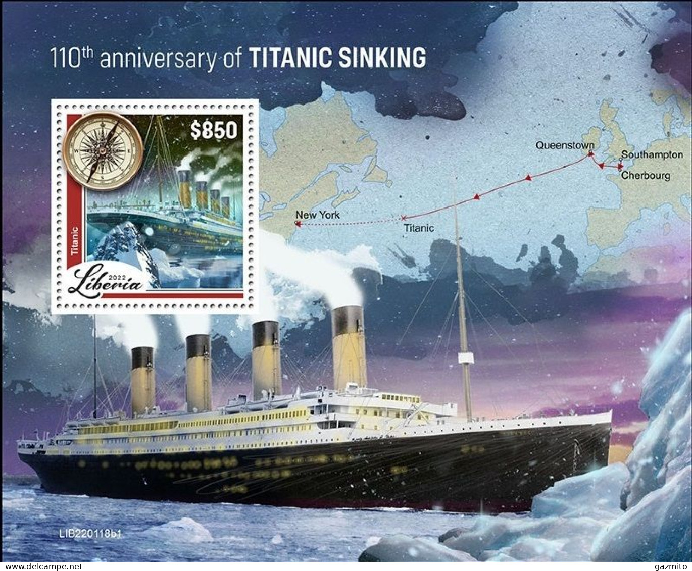 Liberia 2022, Titanic, Map, Clock, BF - Horlogerie