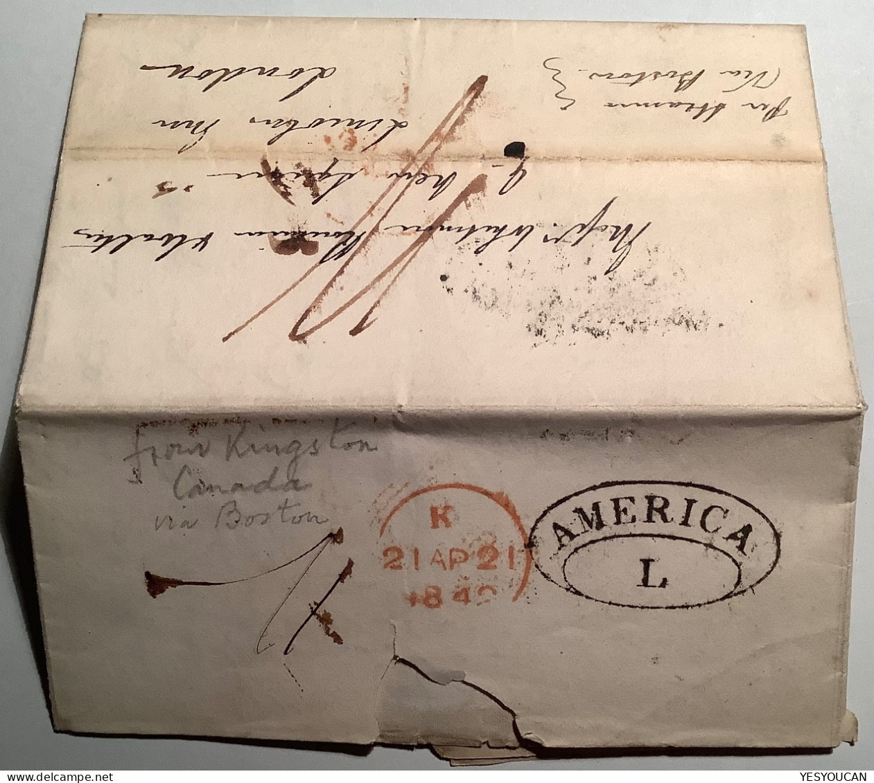 SUPERB & RARE 1842„AMERICA/L“Liverpool Packet Letter Pmk On Transatlantic Mail Cover From Kingston Canada Via Boston>GB - ...-1840 Voorlopers