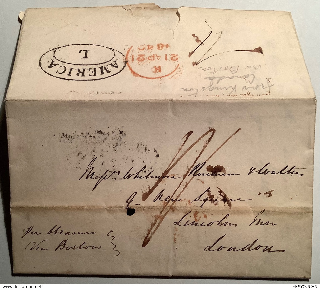 SUPERB & RARE 1842„AMERICA/L“Liverpool Packet Letter Pmk On Transatlantic Mail Cover From Kingston Canada Via Boston>GB - ...-1840 Préphilatélie