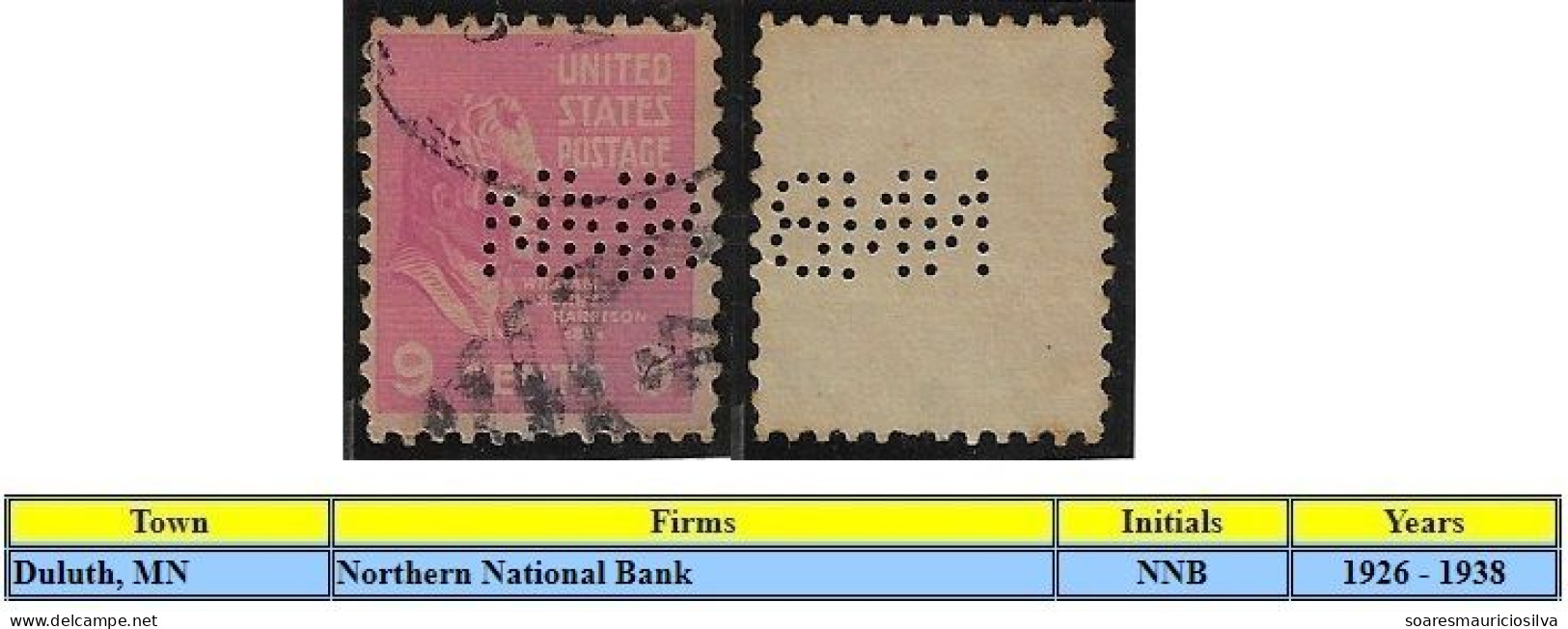 USA United States 1926/1938 Stamp With Perfin NNB By Northern National Bank From Duluth Lochung Perfore - Zähnungen (Perfins)