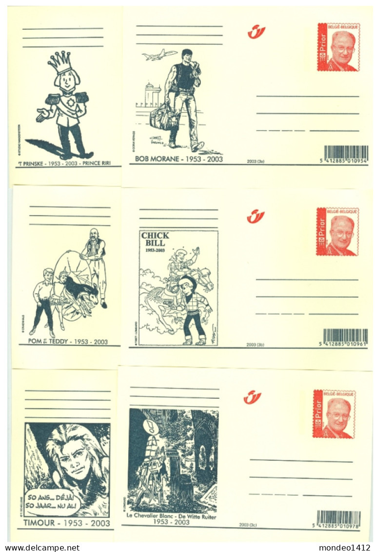 2003 - 6 Briefkaarten - Cartes Postales - Morane,Chick Bill,Timour, Pom-Teddy..- Comics, Strips,cartoon, BD - Ongebruikt - Briefkaarten 1951-..