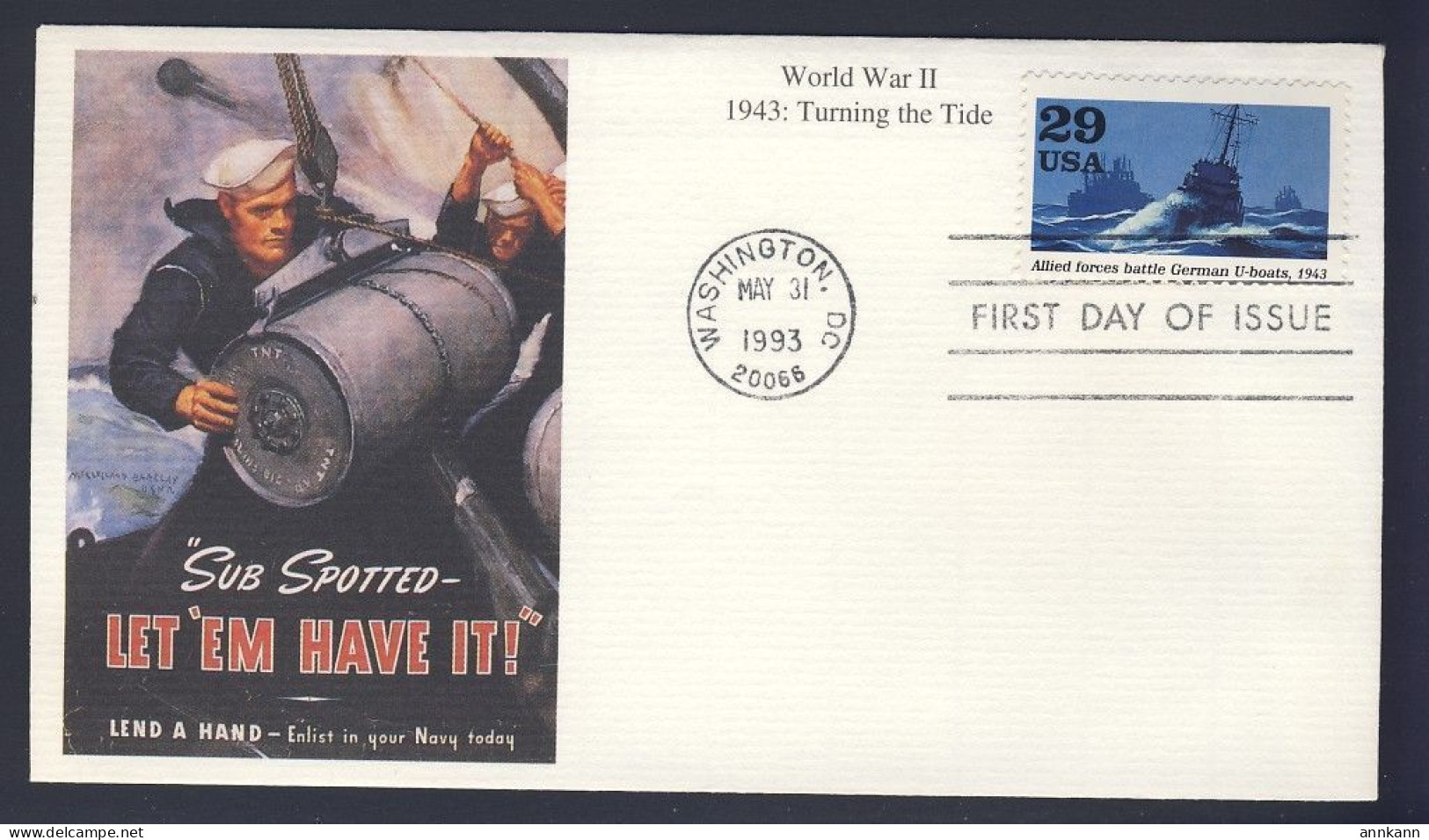 USA POSTAL HISTORY - 1993 - WWII 1943 Turning The Tide - FDC Cover - NAVY - 1991-2000