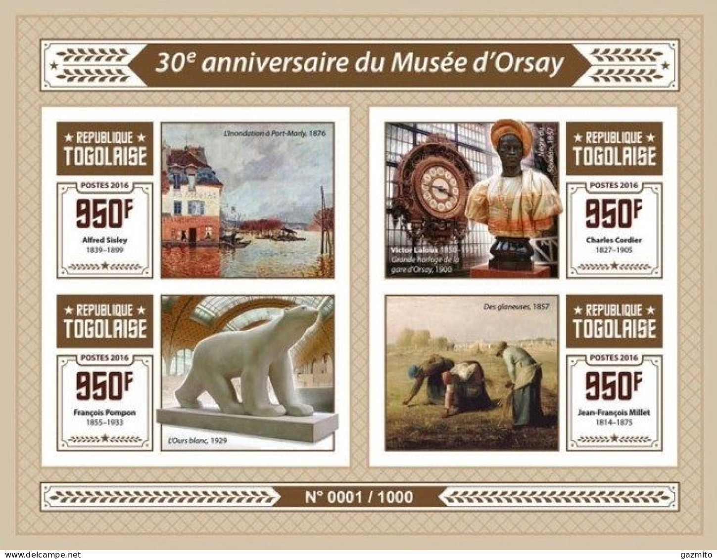 Togo 2016, Art, Muse D'Orsay, Clock, 4val In BF IMPERFORATED - Clocks