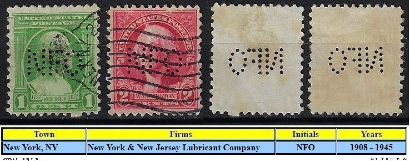 USA United States 1908/1945 2 Stamp With Perfin NFO By New York & New Jersey Lubricant Company Lochung Perfore - Perforados