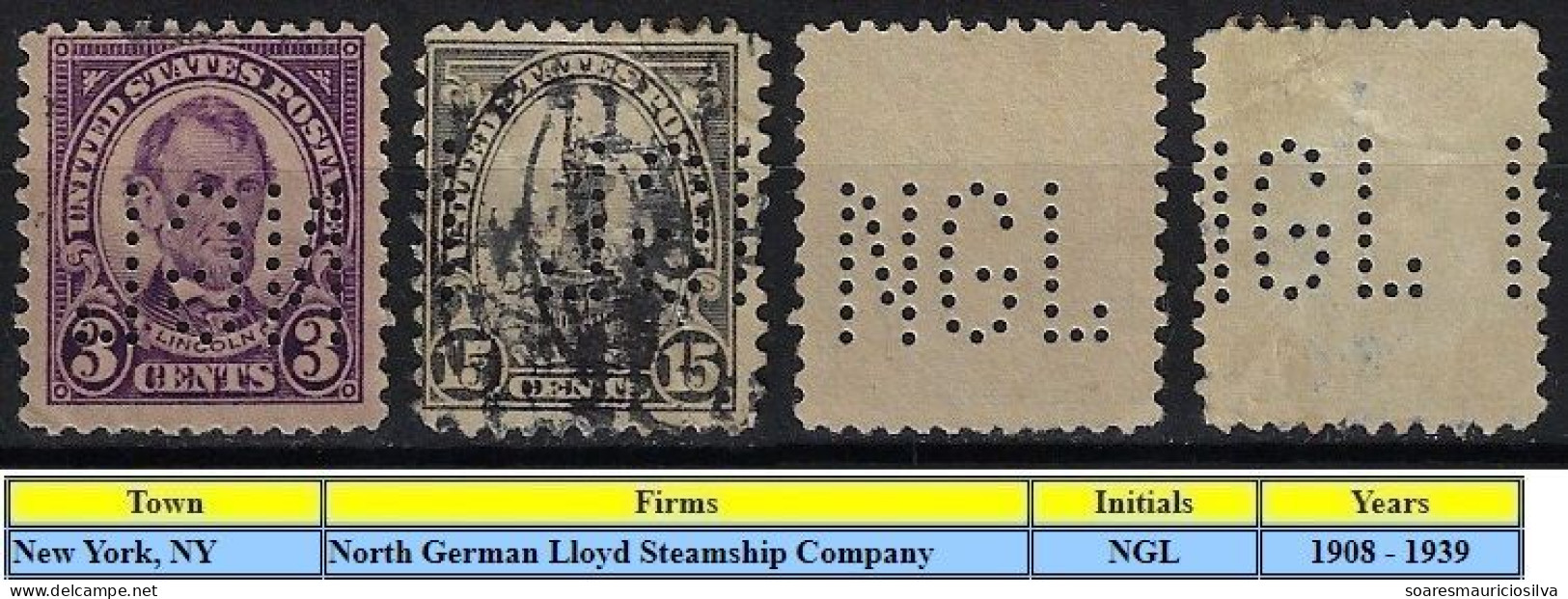 USA United States 1908/1939 2 Stamp With Perfin NGL By North German Lloyd Steamship Co. From New York Lochung Perfore - Perforés