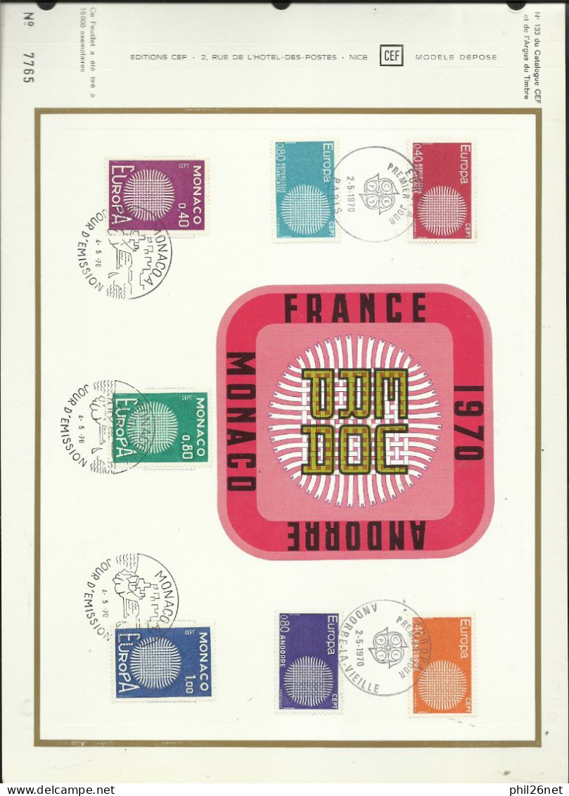 €uropa 1970 Andorre N°202/03 France N°1637/38 Monaco N°819/821 Feuillet CEF Premiers Jours  TB Tirage Limité Soldè !! ! - 1970