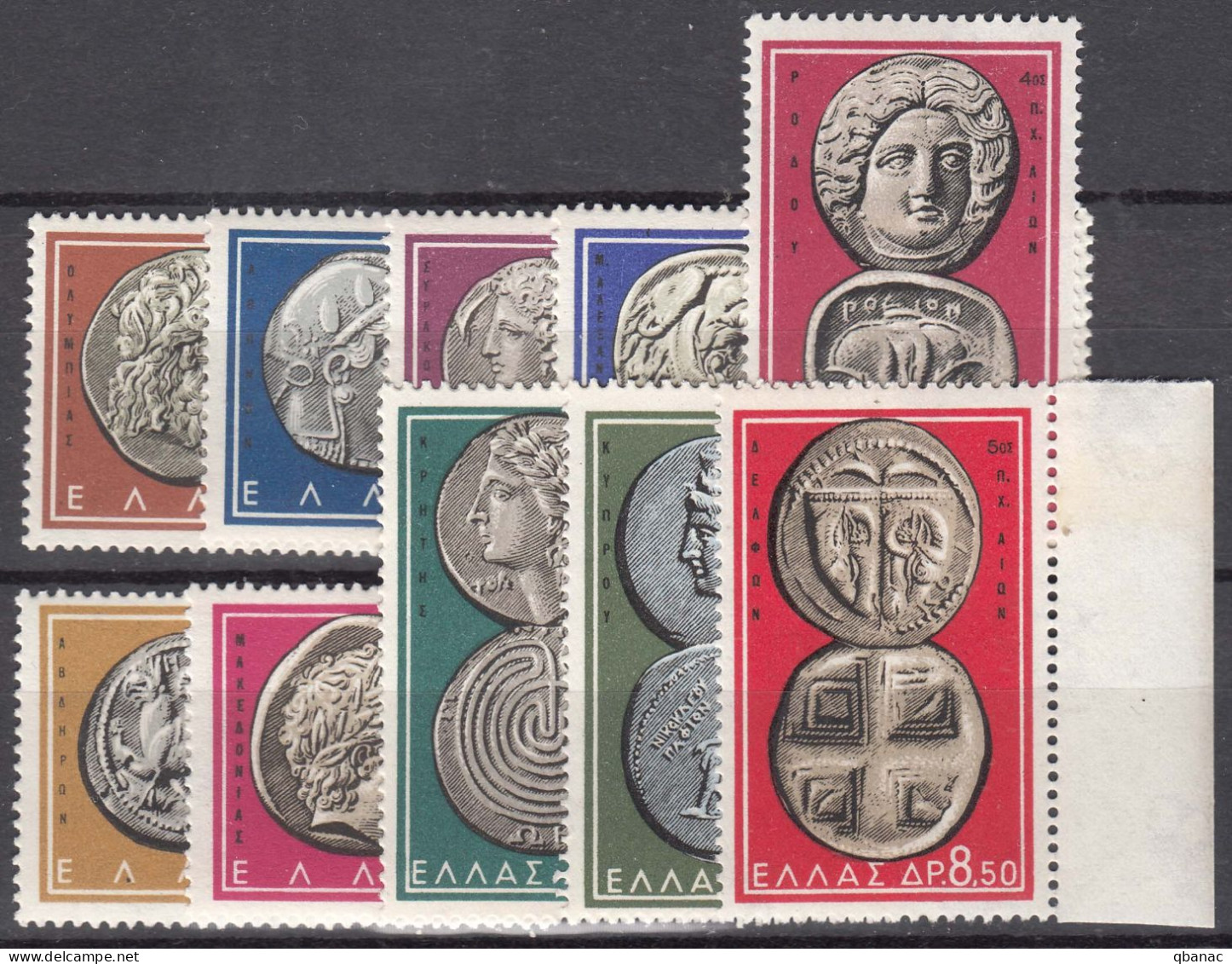 Greece 1959 Ancient Coins Mi#696-705 Mint Hinged Complete Set, Last Stamp Never Hinged - Ongebruikt