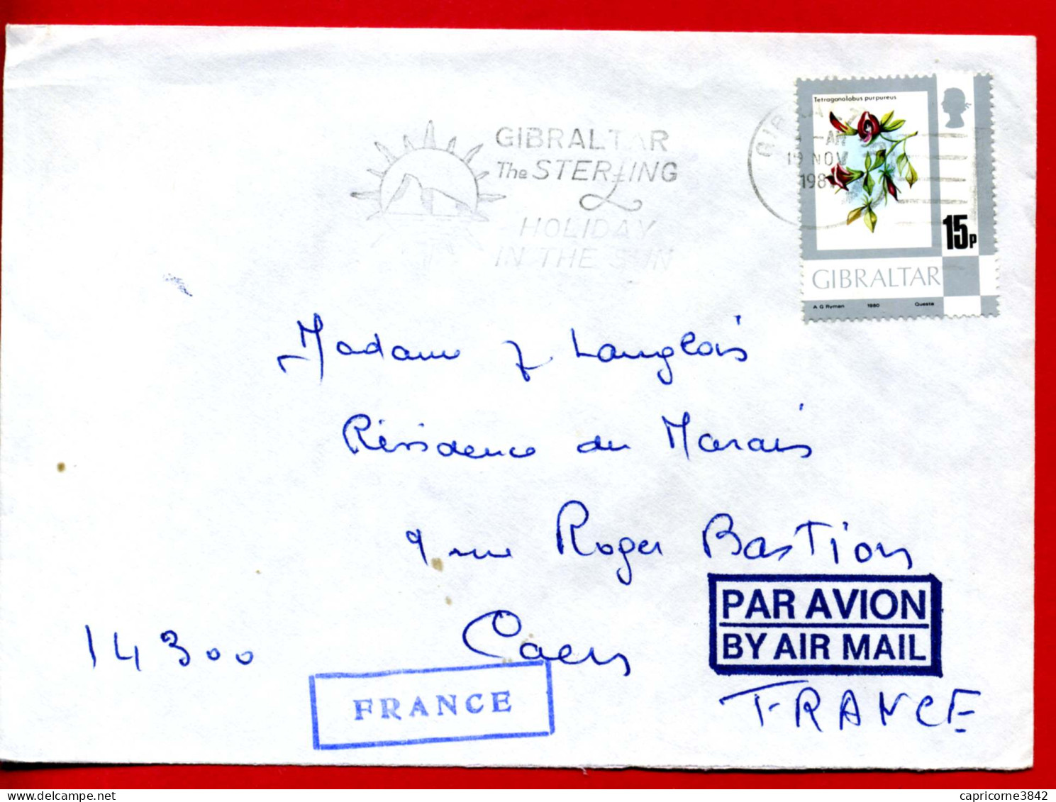 1981 - Lettre Pour La France - Fleur TETRAGONOLOBUS PURPUREUS N°415 - Gibraltar