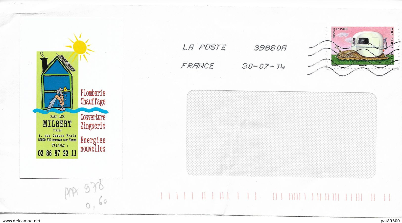 France 2014 - AA 978 - Oblitéré S/enveloppe 07/2014 / ESCARGOT AVEC COQUILLE CARAVANE - Cartas & Documentos