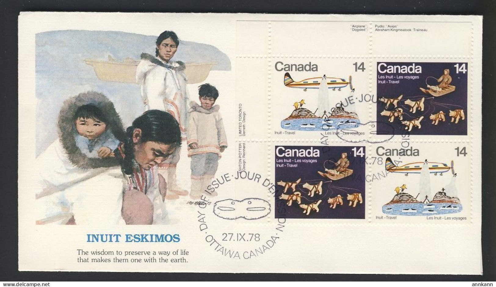 4x FDC - IINUIT ESKIMOS #769-770-771-772 pair & block - 1978 SEPTEMBER 27 -  CANADA POSTAL HISTORY