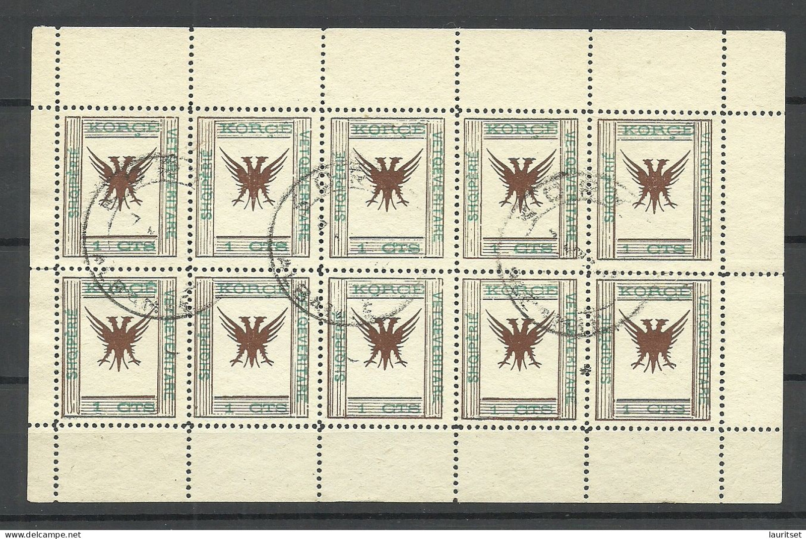 ALBANIA Albanien 1917 Ausgabe Für Republic Korca Korce Michel 3 (Kleinbogen) As Complete Sheet Of 10 O - Albania