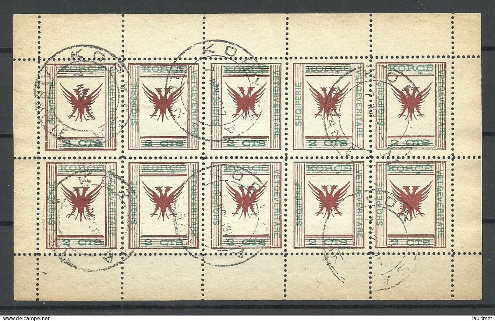 ALBANIA Albanien 1917 Ausgabe Für Republic Korca Korce Michel 4 (Kleinbogen) As Complete Sheet Of 10 O - Albania