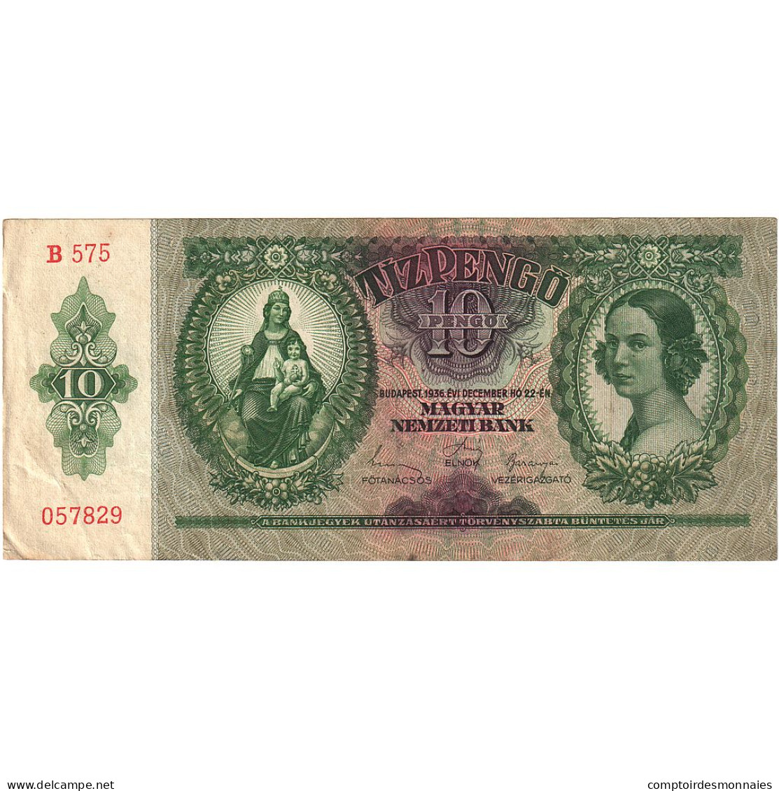 Hongrie, 10 Pengö, 1936, 1936-12-22, KM:100, SPL - Hungría