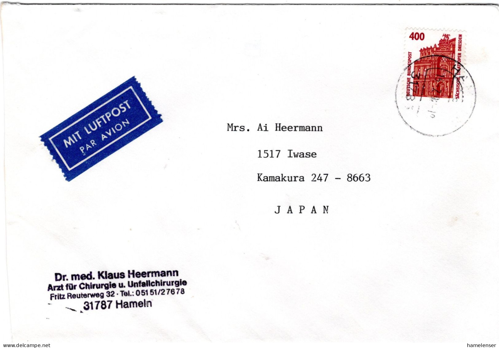 75279 - Bund - 1997 - 400Pfg SWK EF A LpBf HAMELN -> Japan - Lettres & Documents