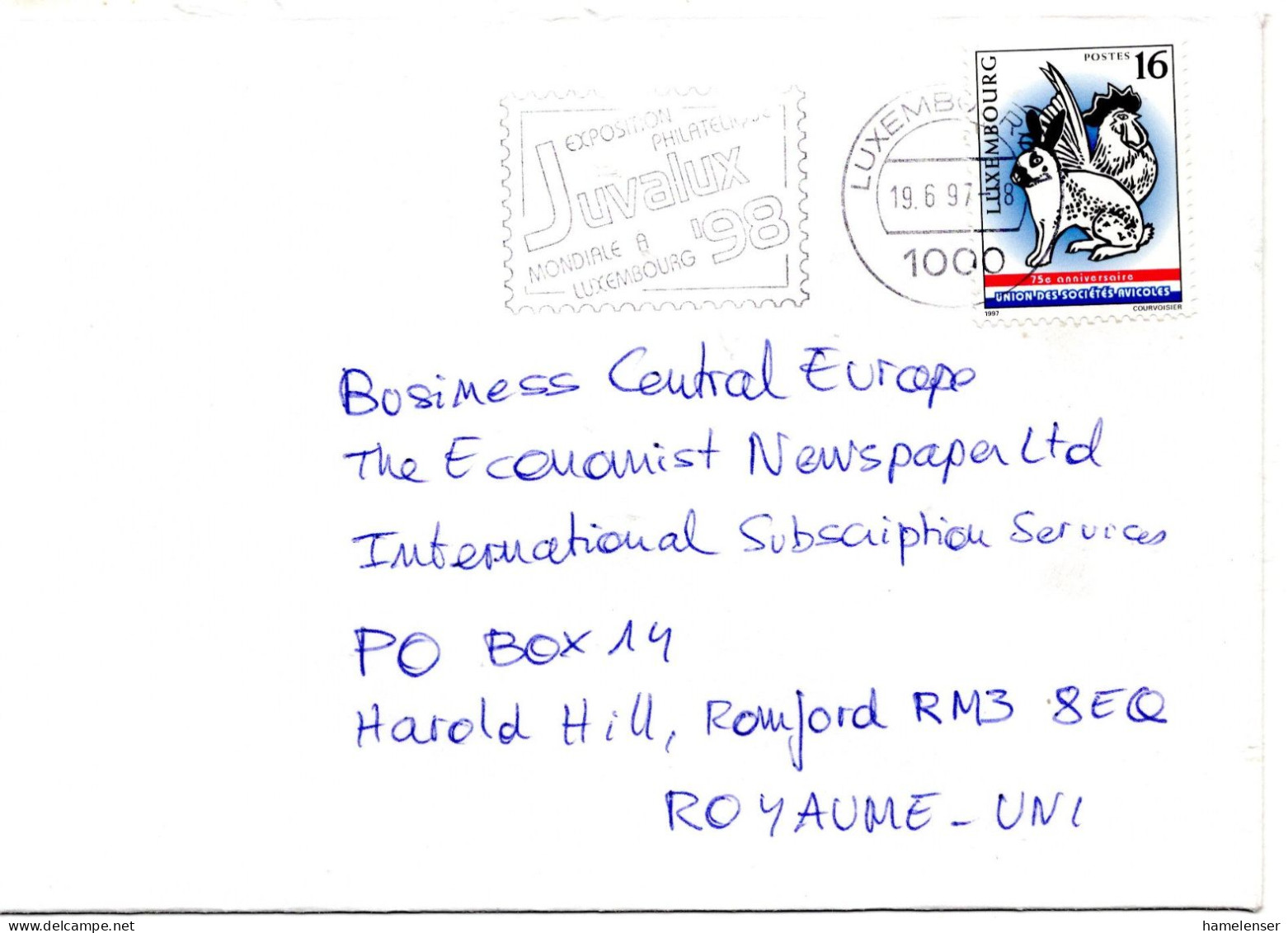 75282 - Luxemburg - 1997 - 16F Verband Der Geflügelvereine EF A Bf LUXEMBOURG - ... JUVALUX ... -> Grossbritannien - Lettres & Documents