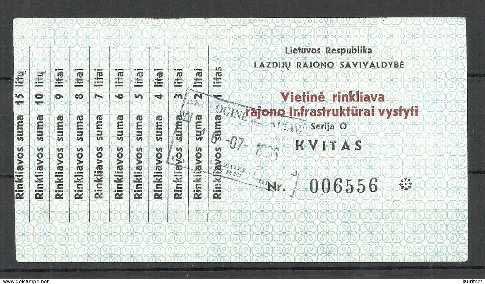 LITAUEN Lithuania 1996 Some Kind Of Quittance Kvitas - Chèques & Chèques De Voyage