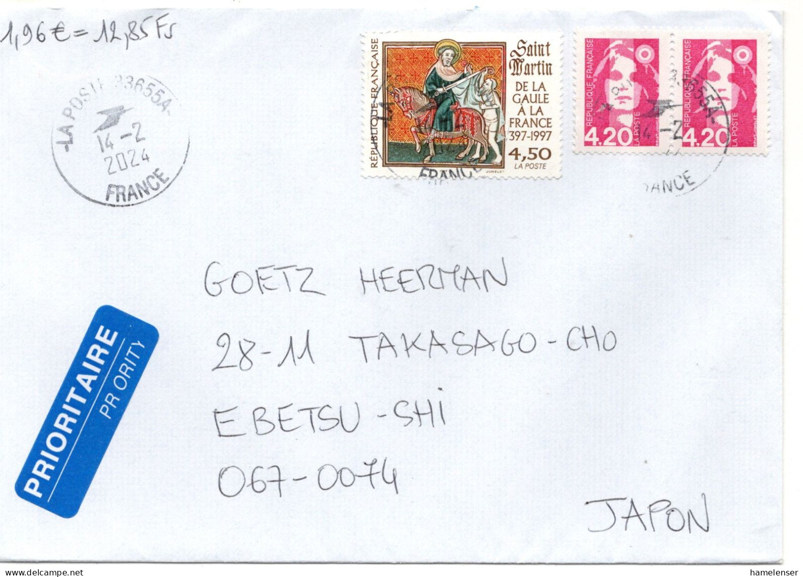 75288 - Frankreich - 2024 - 4,50F Hl.Martin MiF A LpBf 33655A -> Japan - Cartas & Documentos