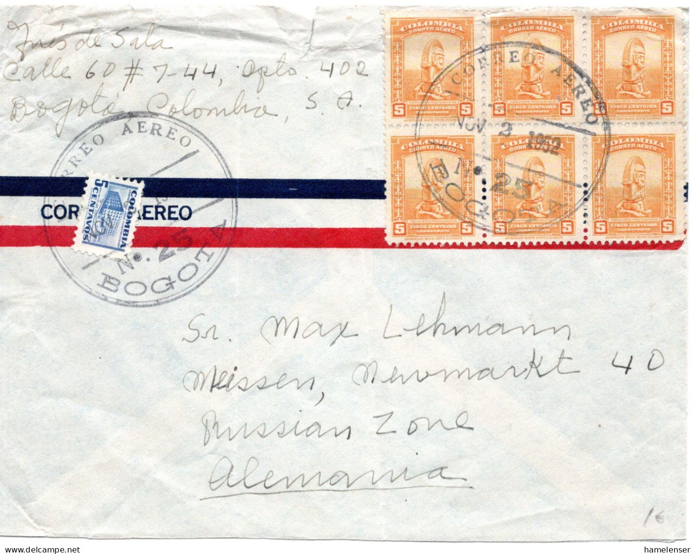 75289 - Kolumbien - 1952 - 6@5c Luftpost A LpBf BOGOTA -> DDR - Kolumbien