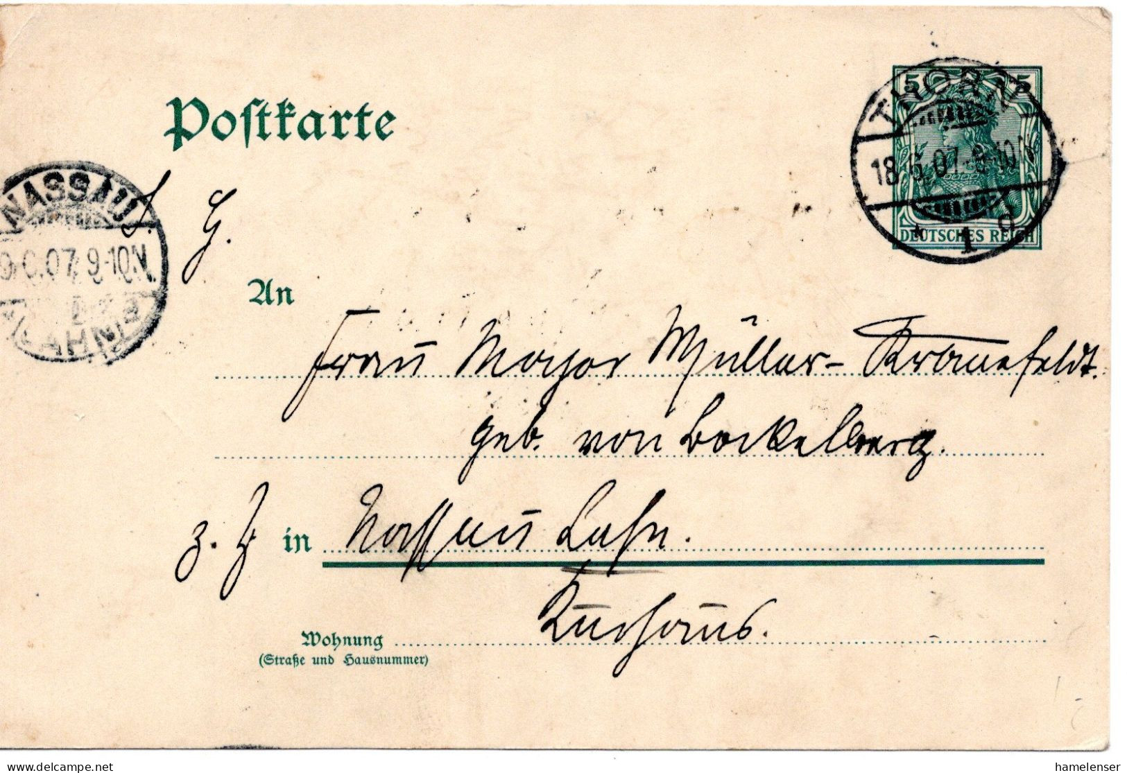 75290 - Deutsches Reich - 1907 - 5Pfg Germania GAKte THORN -> NASSAU - Briefe U. Dokumente