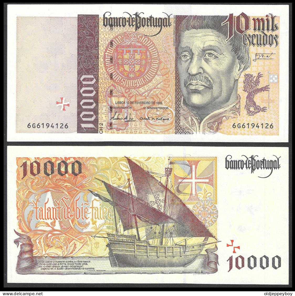 PORTUGAL 10000 ESCUDOS CH.2, P191 - 12/02/1998, "Infante D. Henrique" Navigator Serie, GEM UNC PERFECT CONDITION - Portugal