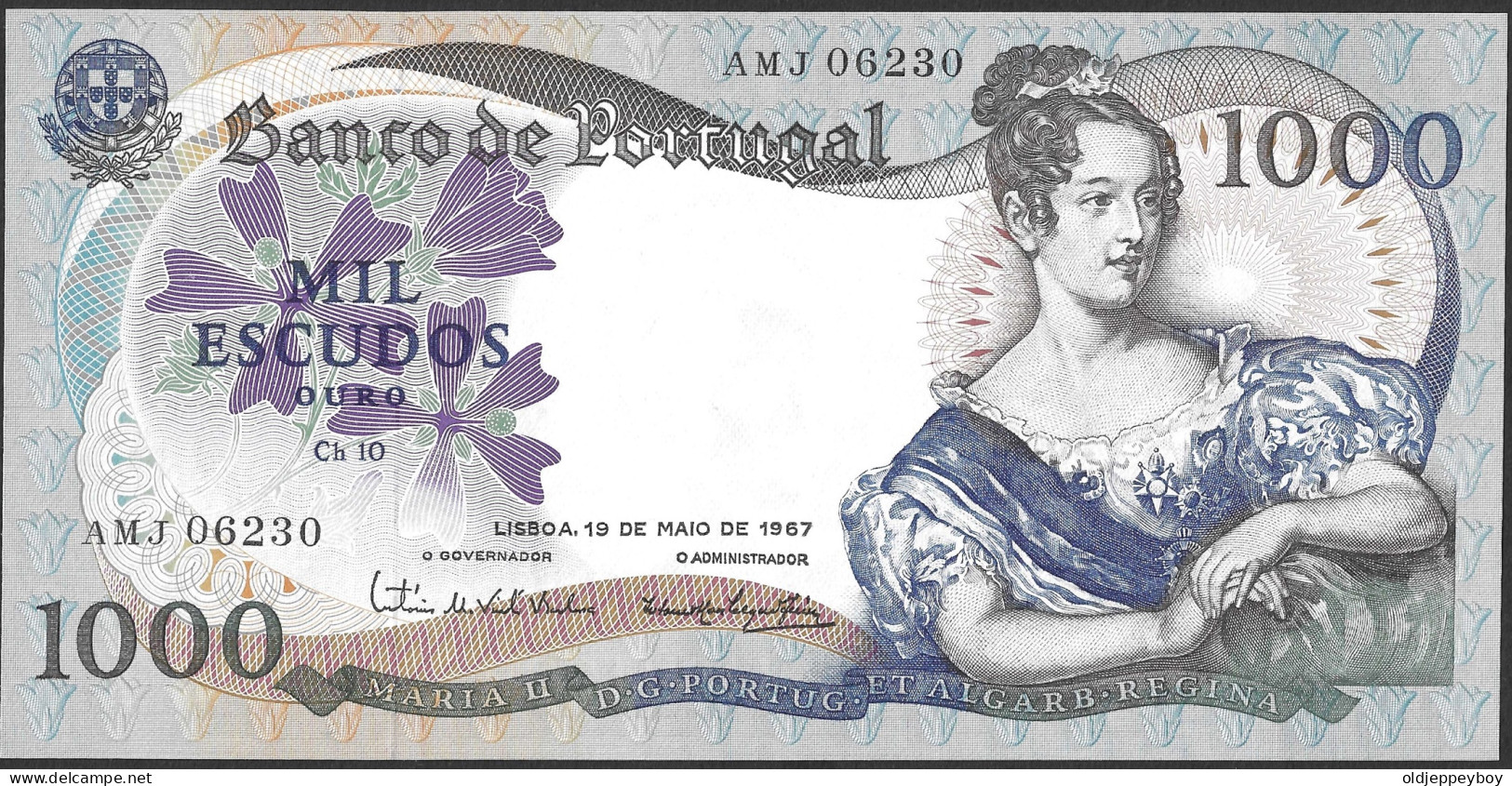 1000 Escudos Ch. 10  19/05/1967 - P 172 Sign 5 Serie  AMJ - 5 Digit Serial  D. Maria II PORTUGAL GEM UNC PERFECT X RARE  - Portugal