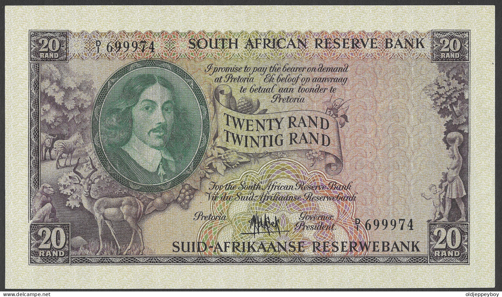 SOUTH AFRICA 20 Rand 1961, P-108, English Top, Sign: De Kock, D1 699974  RARE!  GEM UNC PERFECT CONDITION RARE! - Sudafrica