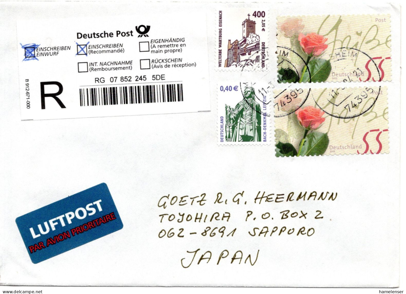 75297 - Bund - 2004 - €2,05/400Pfg SWK MiF A R-LpBf BIETIGHEIM -> Japan - Storia Postale
