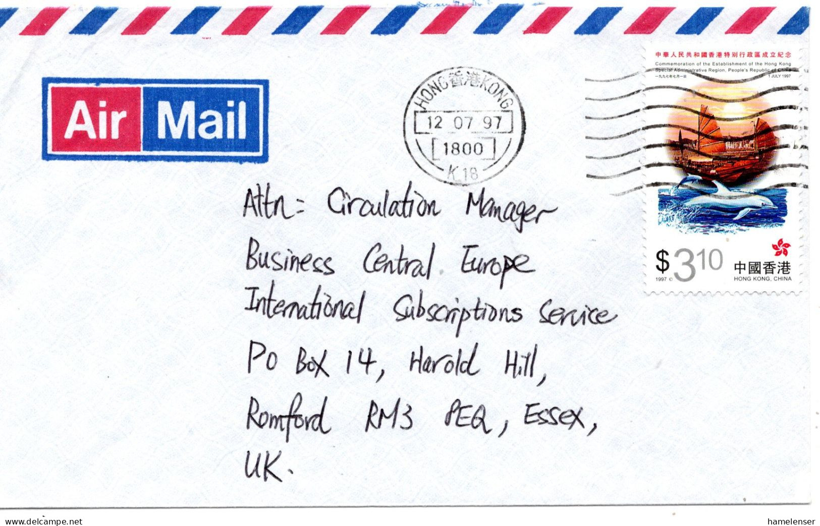 75299 - Hong Kong - 1997 - $3,10 Sonderverwaltungszone EF A LpBf HONG KONG -> Grossbritannien - Lettres & Documents